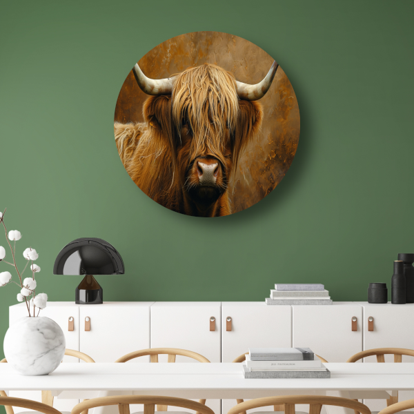 Schotse Hooglander - Majestueuze Blik en Vacht aluminium muurcirkel