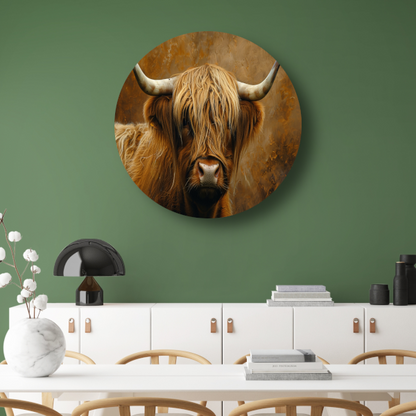 Schotse Hooglander - Majestueuze Blik en Vacht aluminium muurcirkel