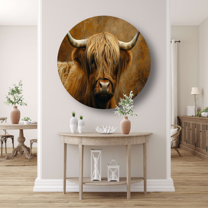 Schotse Hooglander - Majestueuze Blik en Vacht aluminium muurcirkel