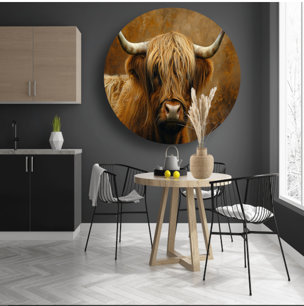 Schotse Hooglander - Majestueuze Blik en Vacht aluminium muurcirkel