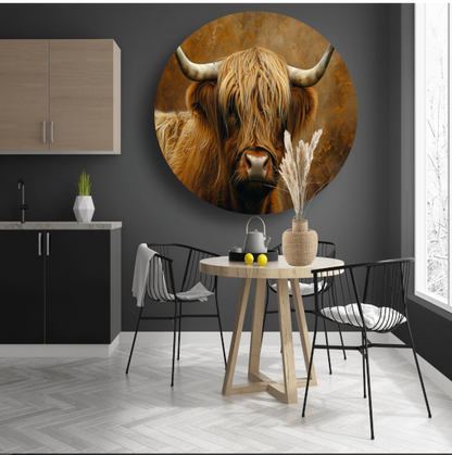 Schotse Hooglander - Majestueuze Blik en Vacht aluminium muurcirkel