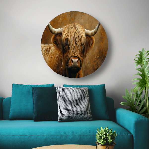 Schotse Hooglander - Majestueuze Blik en Vacht aluminium muurcirkel