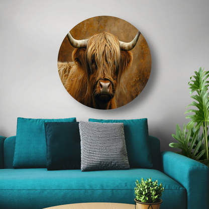 Schotse Hooglander - Majestueuze Blik en Vacht aluminium muurcirkel