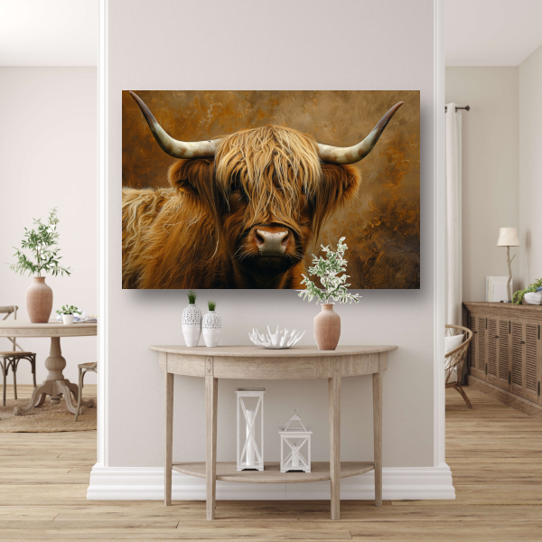 Schotse Hooglander - Majestueuze Blik en Vacht canvas met baklijst
