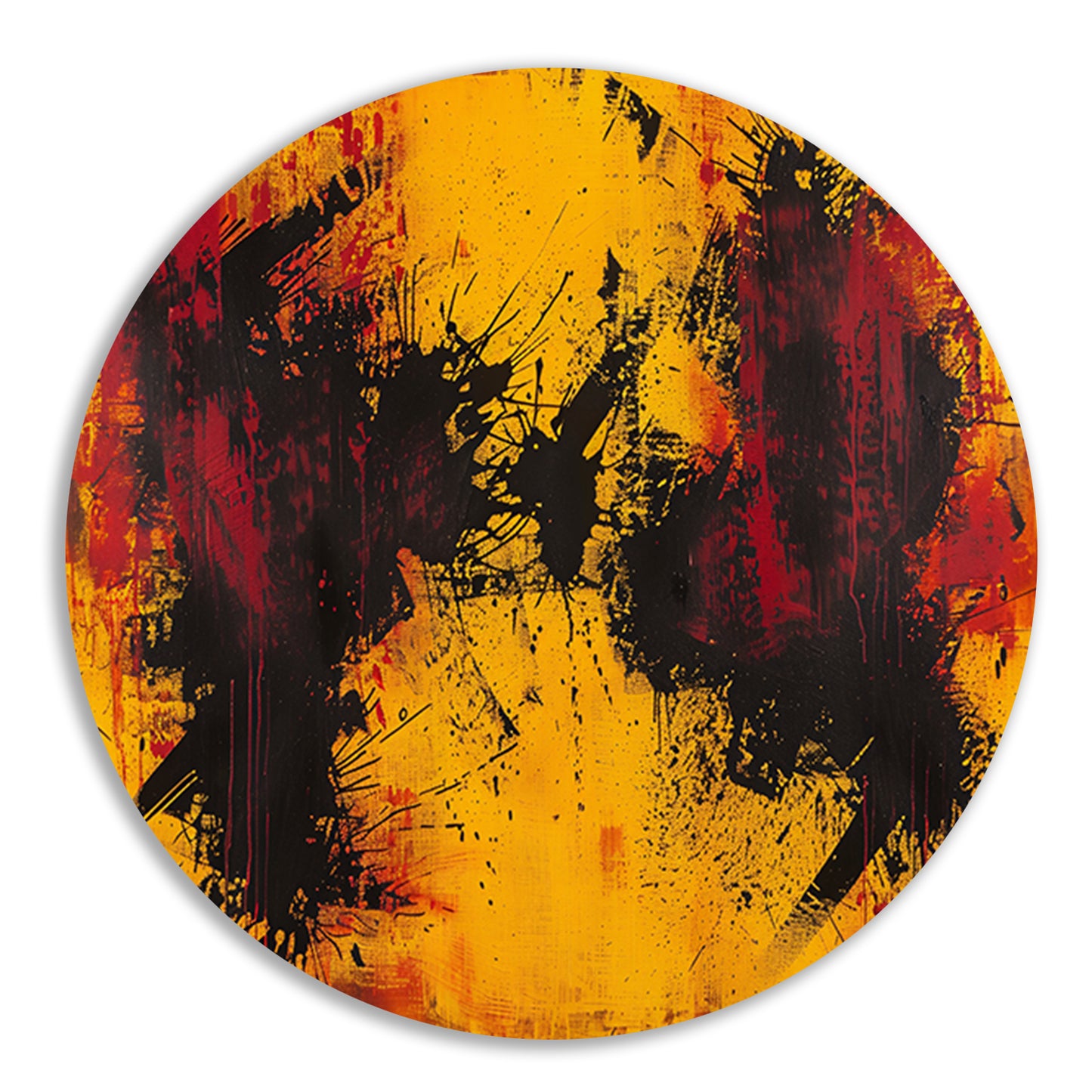 Abstract schilderij met dynamische kleurenexplosie aluminium muurcirkel