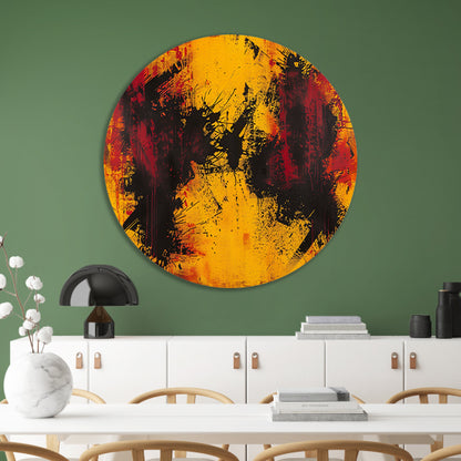 Abstract schilderij met dynamische kleurenexplosie aluminium muurcirkel