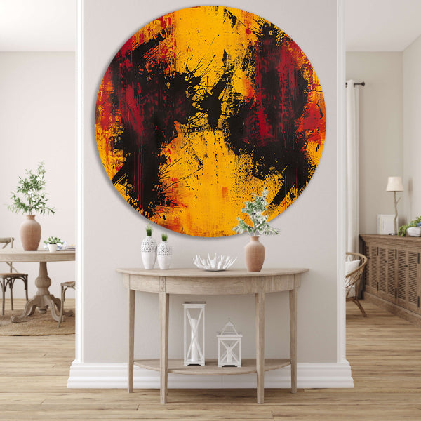 Abstract schilderij met dynamische kleurenexplosie aluminium muurcirkel