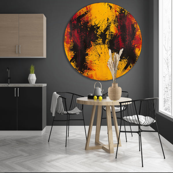 Abstract schilderij met dynamische kleurenexplosie aluminium muurcirkel
