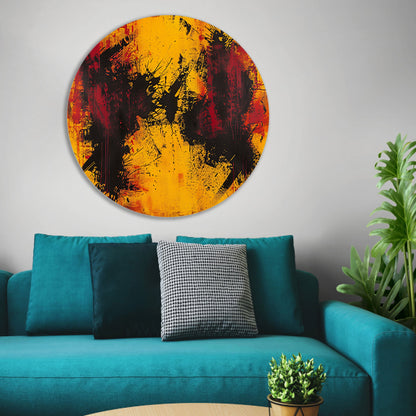 Abstract schilderij met dynamische kleurenexplosie aluminium muurcirkel