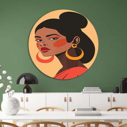 Elegante Dame in Rood met Gouden Oorbel aluminium muurcirkel