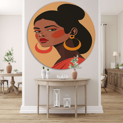 Elegante Dame in Rood met Gouden Oorbel aluminium muurcirkel