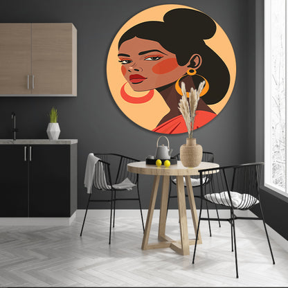 Elegante Dame in Rood met Gouden Oorbel aluminium muurcirkel