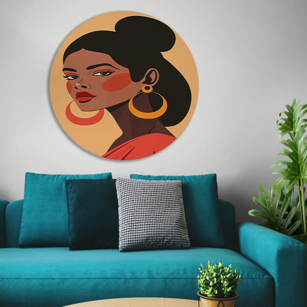 Elegante Dame in Rood met Gouden Oorbel aluminium muurcirkel