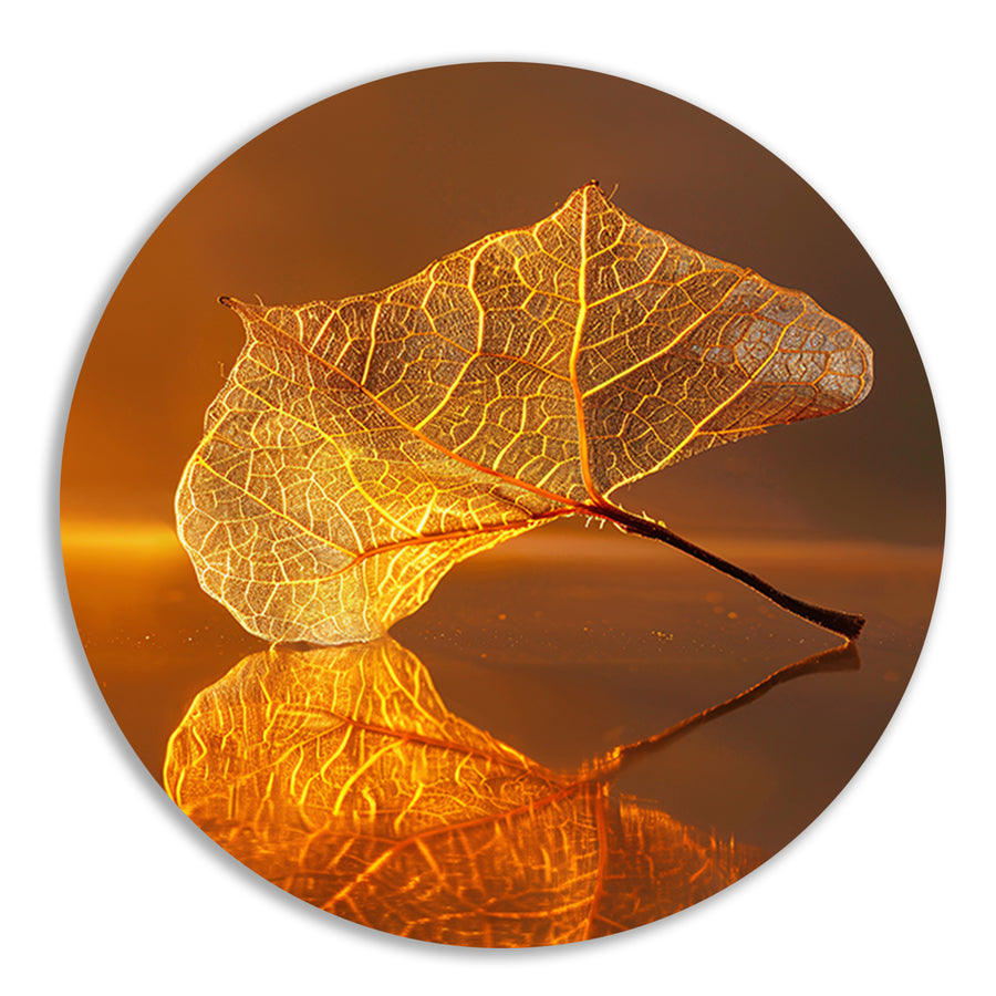 Gedetailleerde oranje blad met gouden reflectie aluminium muurcirkel