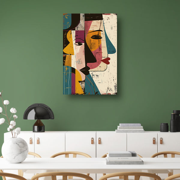 Abstract Kubistisch Portret met Contrasterende Kleuren canvas met baklijst