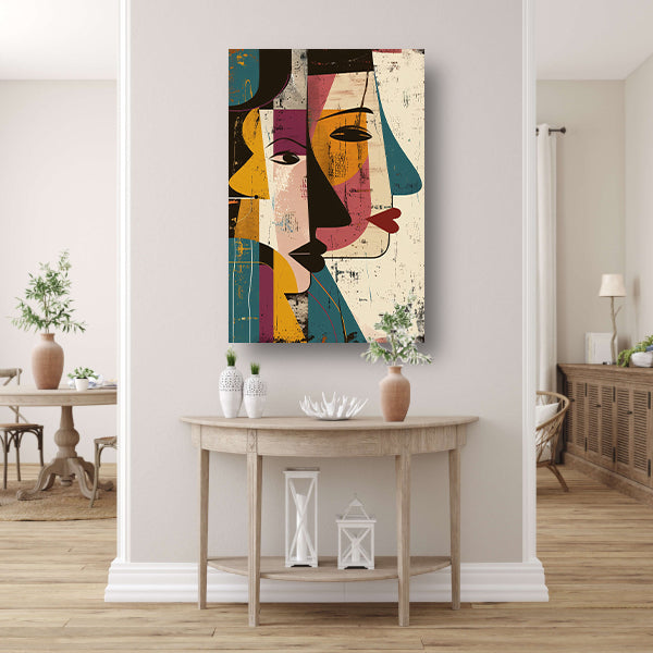 Abstract Kubistisch Portret met Contrasterende Kleuren canvas met baklijst