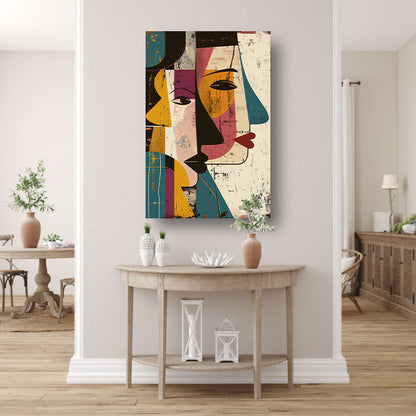 Abstract Kubistisch Portret met Contrasterende Kleuren canvas met baklijst