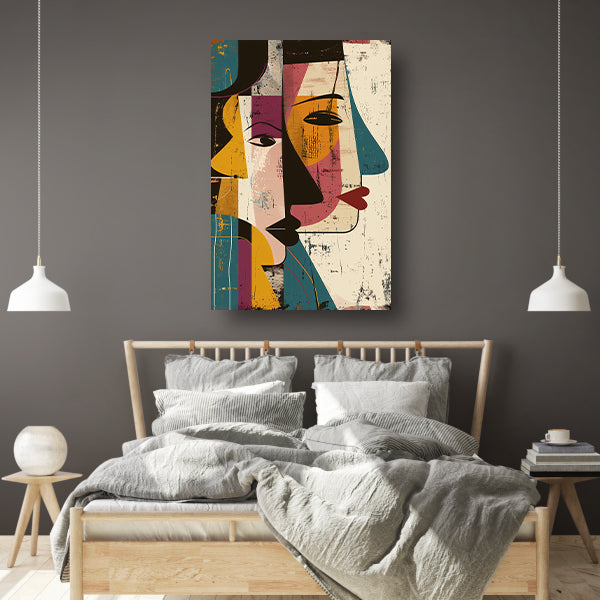 Abstract Kubistisch Portret met Contrasterende Kleuren canvas met baklijst