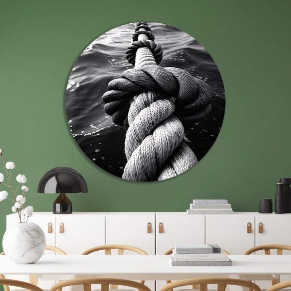 Zwart-wit foto van verweven touw in water aluminium muurcirkel