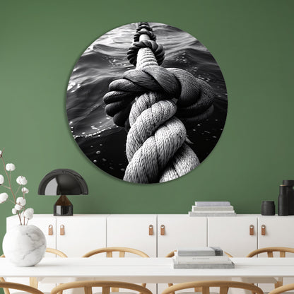 Zwart-wit foto van verweven touw in water aluminium muurcirkel