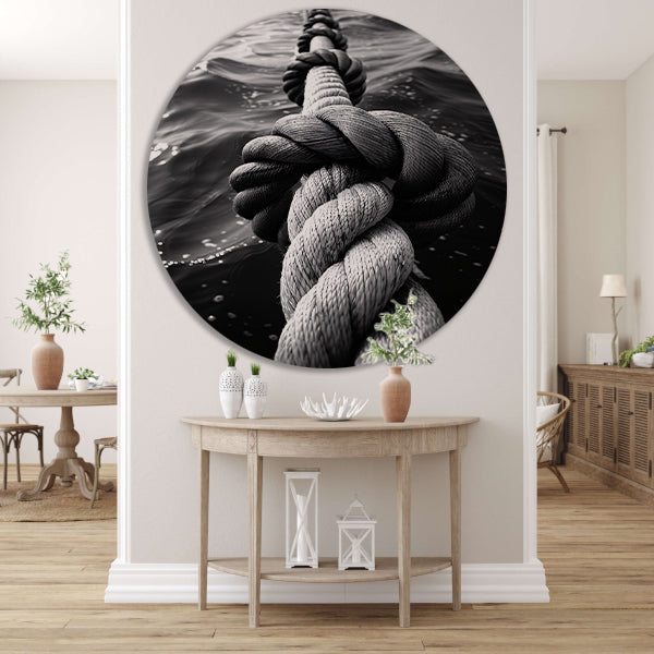 Zwart-wit foto van verweven touw in water aluminium muurcirkel