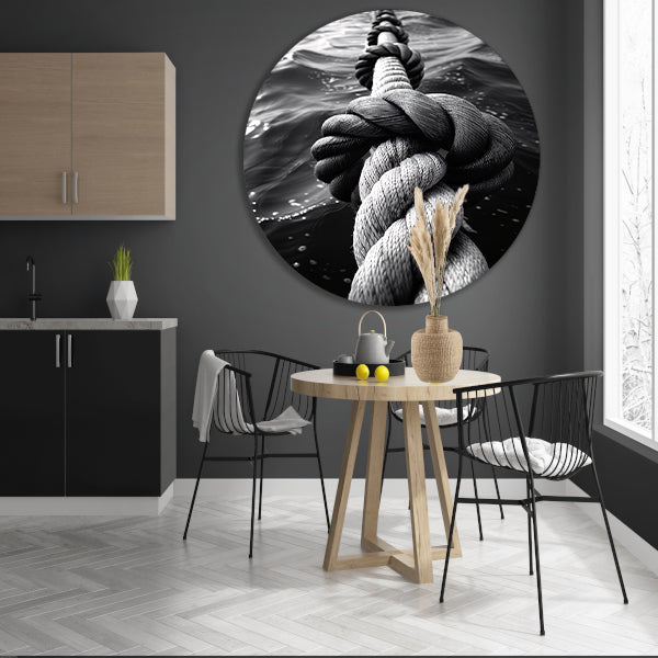 Zwart-wit foto van verweven touw in water aluminium muurcirkel