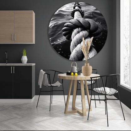 Zwart-wit foto van verweven touw in water aluminium muurcirkel