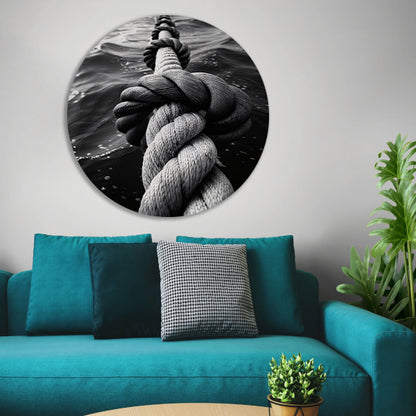 Zwart-wit foto van verweven touw in water aluminium muurcirkel