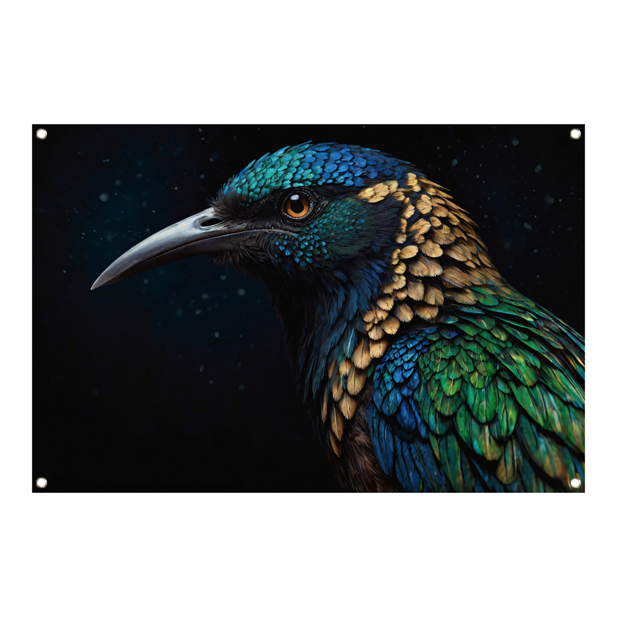 Schitterende Vogel met Kleurrijke Verentooi tuinposter