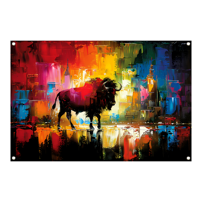 Abstracte schilderij van bison in kleurrijke stad tuinposter