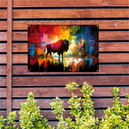 Abstracte schilderij van bison in kleurrijke stad tuinposter