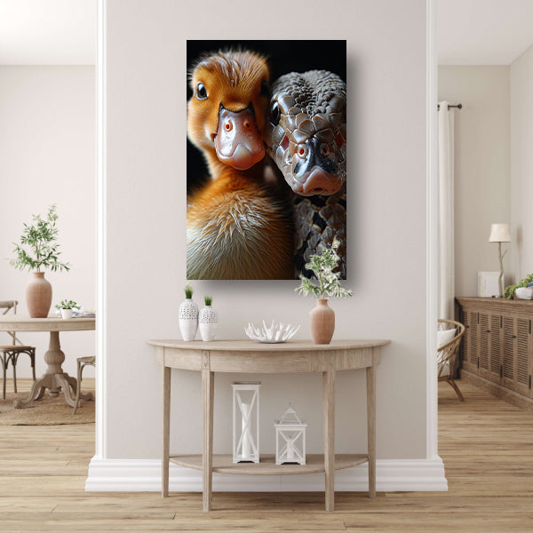 Eend en slang: Onverwachte vriendschap canvas met baklijst