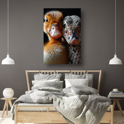 Eend en slang: Onverwachte vriendschap canvas met baklijst