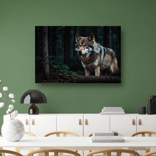 Prachtige wolf in een donker bos canvas met baklijst