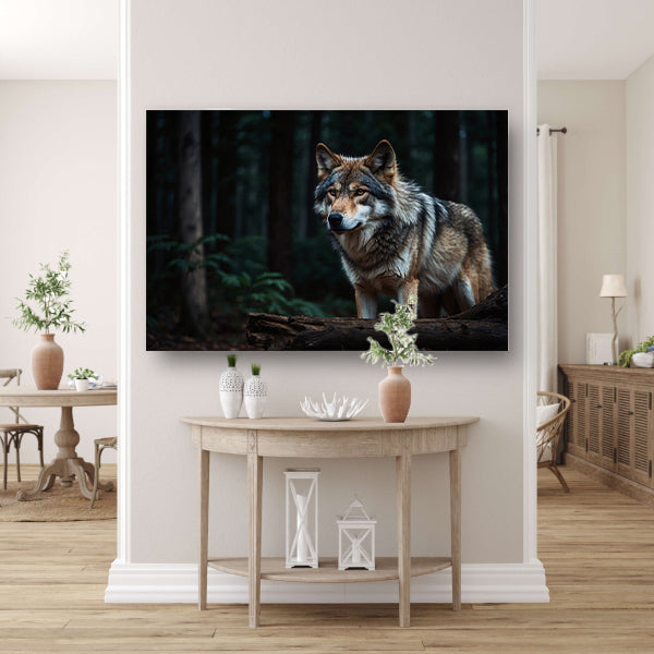 Prachtige wolf in een donker bos canvas met baklijst