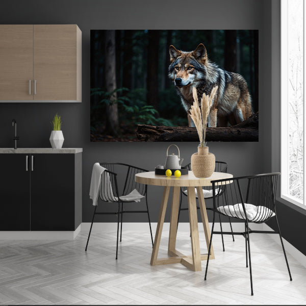 Prachtige wolf in een donker bos canvas met baklijst