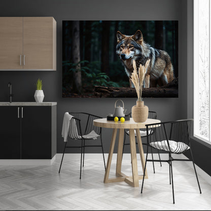 Prachtige wolf in een donker bos canvas met baklijst