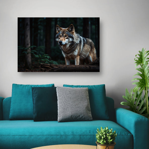 Prachtige wolf in een donker bos canvas met baklijst