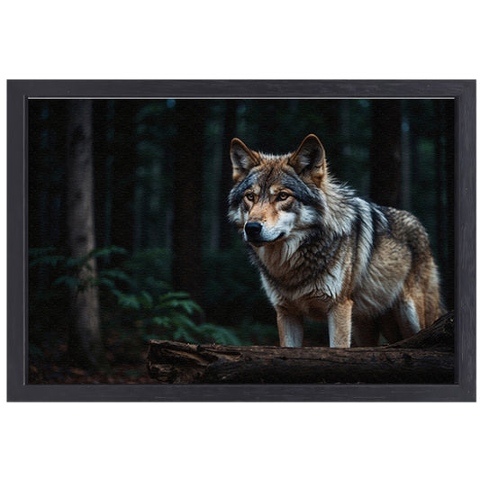 Prachtige wolf in een donker bos canvas met baklijst