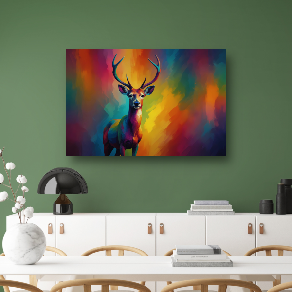 Abstracte kleurenpracht met statig hert canvas met baklijst