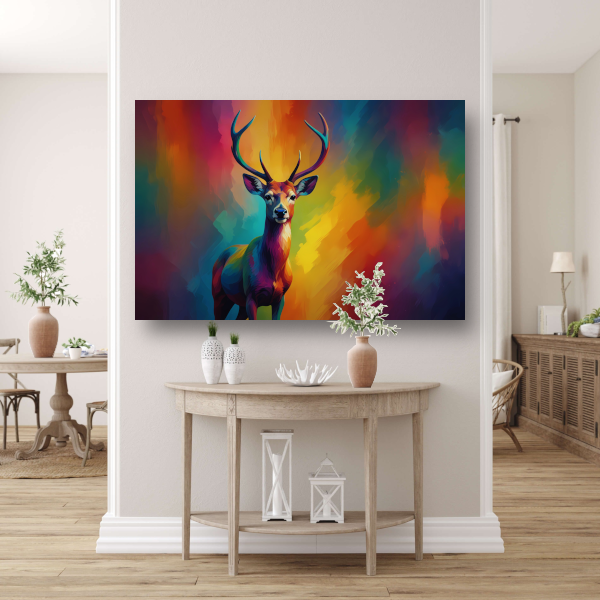 Abstracte kleurenpracht met statig hert canvas met baklijst