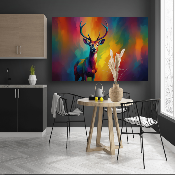 Abstracte kleurenpracht met statig hert canvas met baklijst