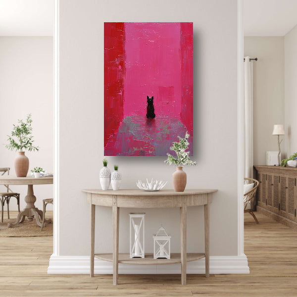 Minimalistische hond tegen roze achtergrond schilderij poster