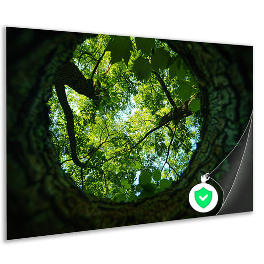 Natuurlijke lens op groene boomkruinen   poster