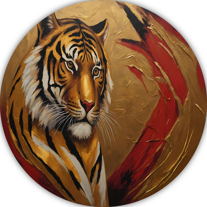 Gouden Tijger Moderne Kunst op Rood aluminium muurcirkel