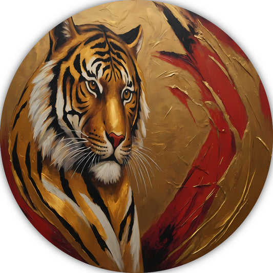 Gouden Tijger Moderne Kunst op Rood aluminium muurcirkel