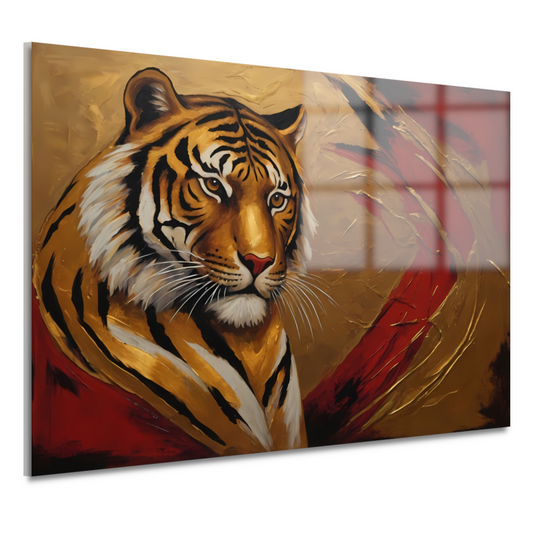 Gouden Tijger Moderne Kunst op Rood acrylglas