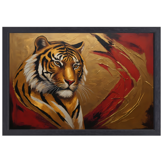 Gouden Tijger Moderne Kunst op Rood canvas met baklijst