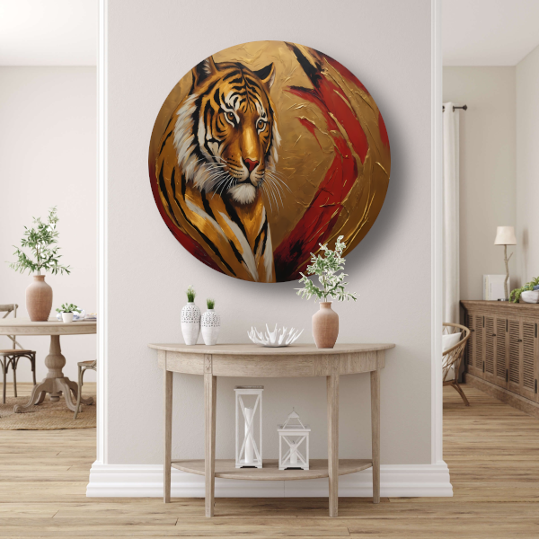 Gouden Tijger Moderne Kunst op Rood aluminium muurcirkel