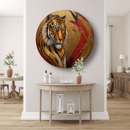 Gouden Tijger Moderne Kunst op Rood aluminium muurcirkel